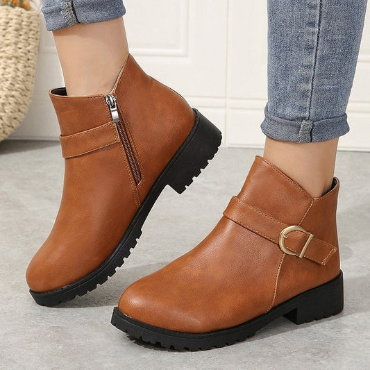 Short Leather Boots with Belt Buckle and Zipper
