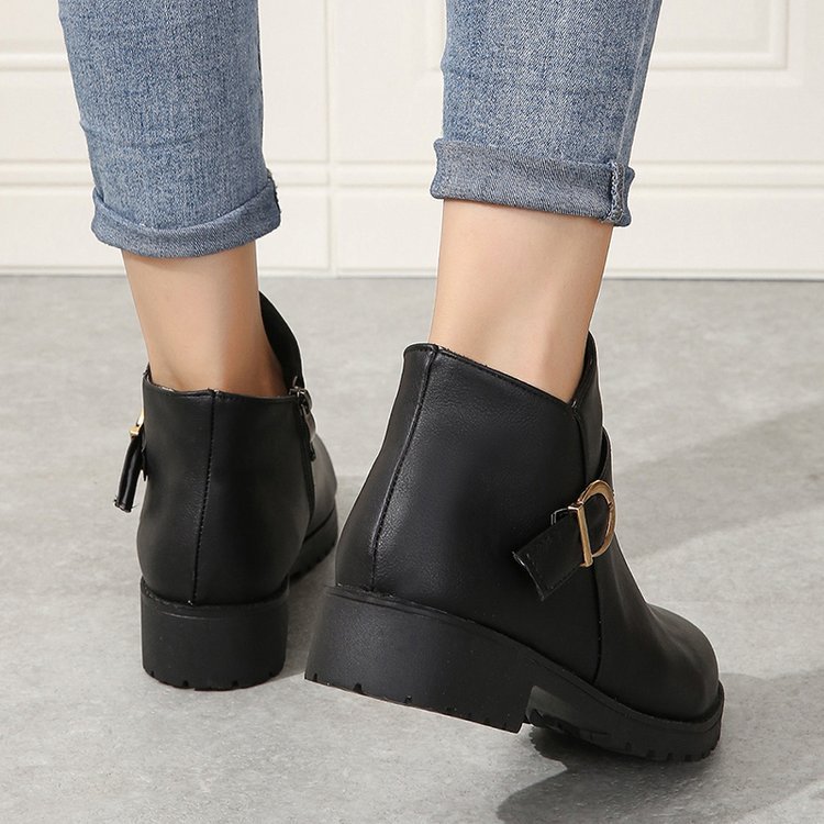 Short Leather Boots with Belt Buckle and Zipper