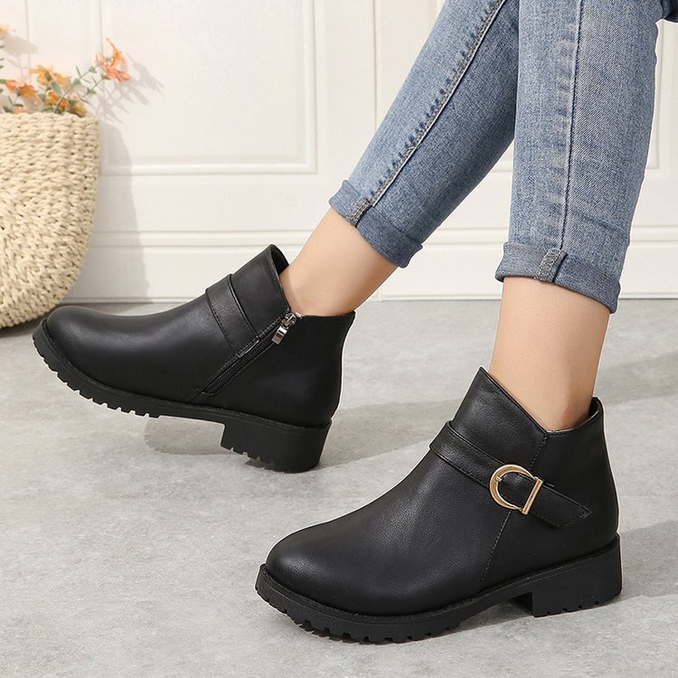 Short Leather Boots with Belt Buckle and Zipper